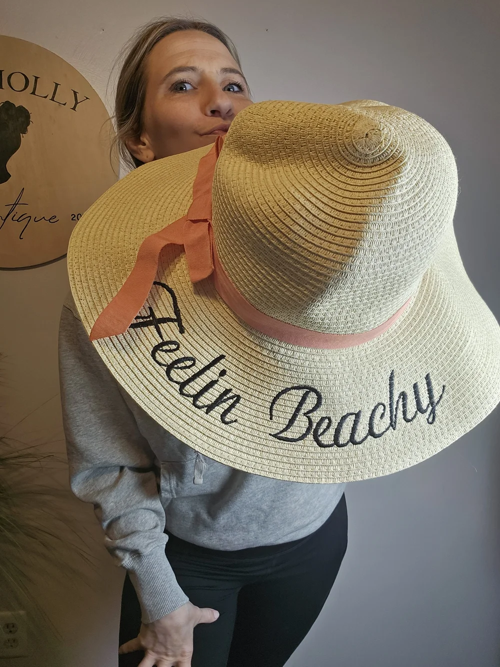Straw Wide-Brim Sun Hat with Pink Ribbon - Feelin Beachy Script